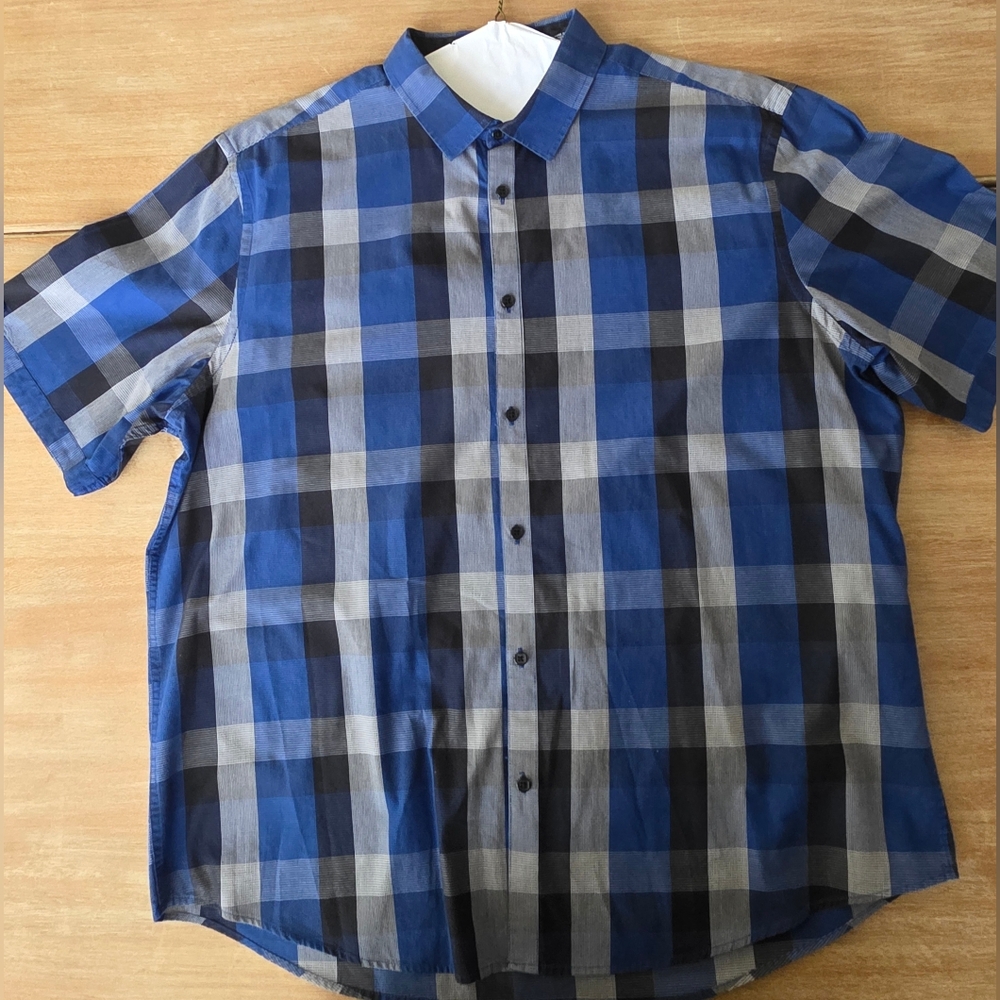 Alfani Regular Fit XXL Blue Plaid Short Sleeve Button Up Shirt 100% Cotton